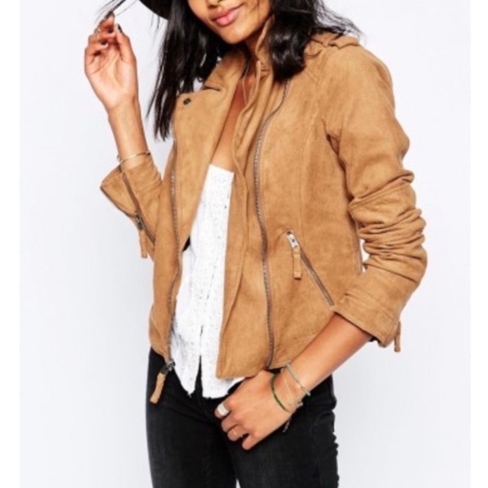 Abercrombie & Fitch Faux Vegan Suede Moto Jacket Tan Brown Women’s Small